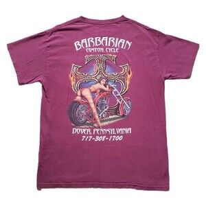 Vintage Barbarian Cycle Dover PA Sz M-L Mems Hot Chick Burgundy 2 Sided T-Shirt
